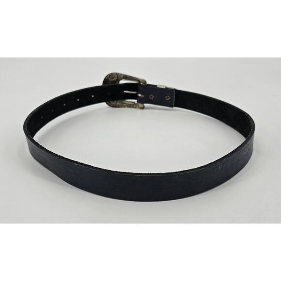 Vintage Black Leather Western Belt Silver Long Horn Engraved Buckle Cowgirl Y2K main image 3